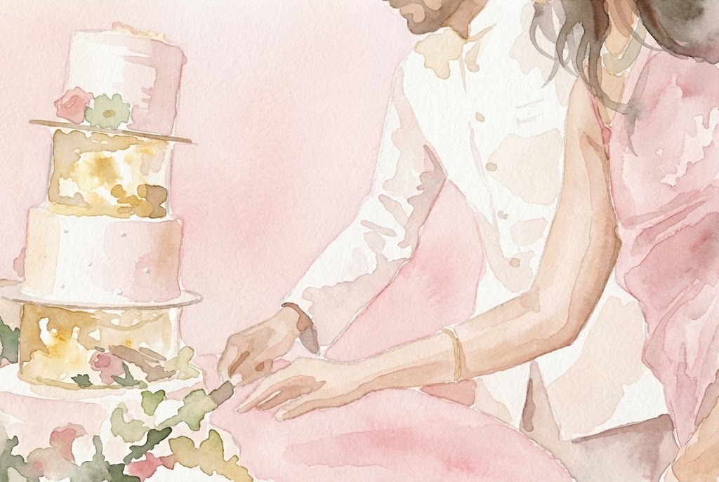 Watercolor painting of our engagement cake cutting